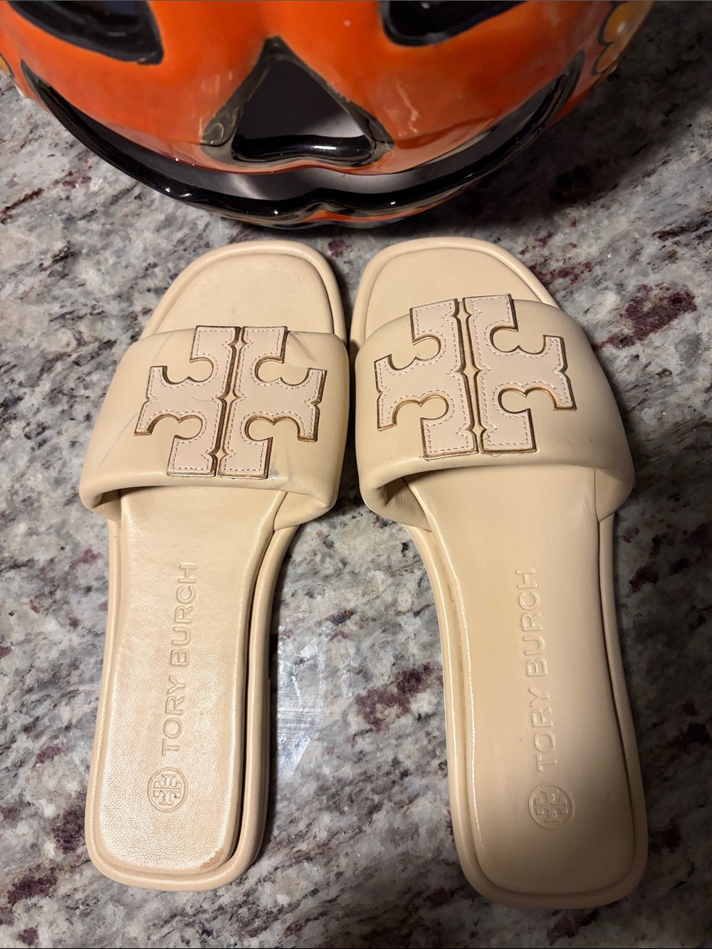 Tory Burch Cream Leather Logo Slide Mules